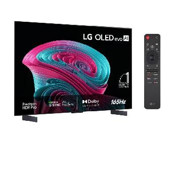 LG OLED evo AI C6 visad framifrån och från sidan framhäver en 42-tums skärm med en 932 mm bred skärm, en total höjd på 540 mm och ett superslimmat djup på 41,1 mm utan stativ.